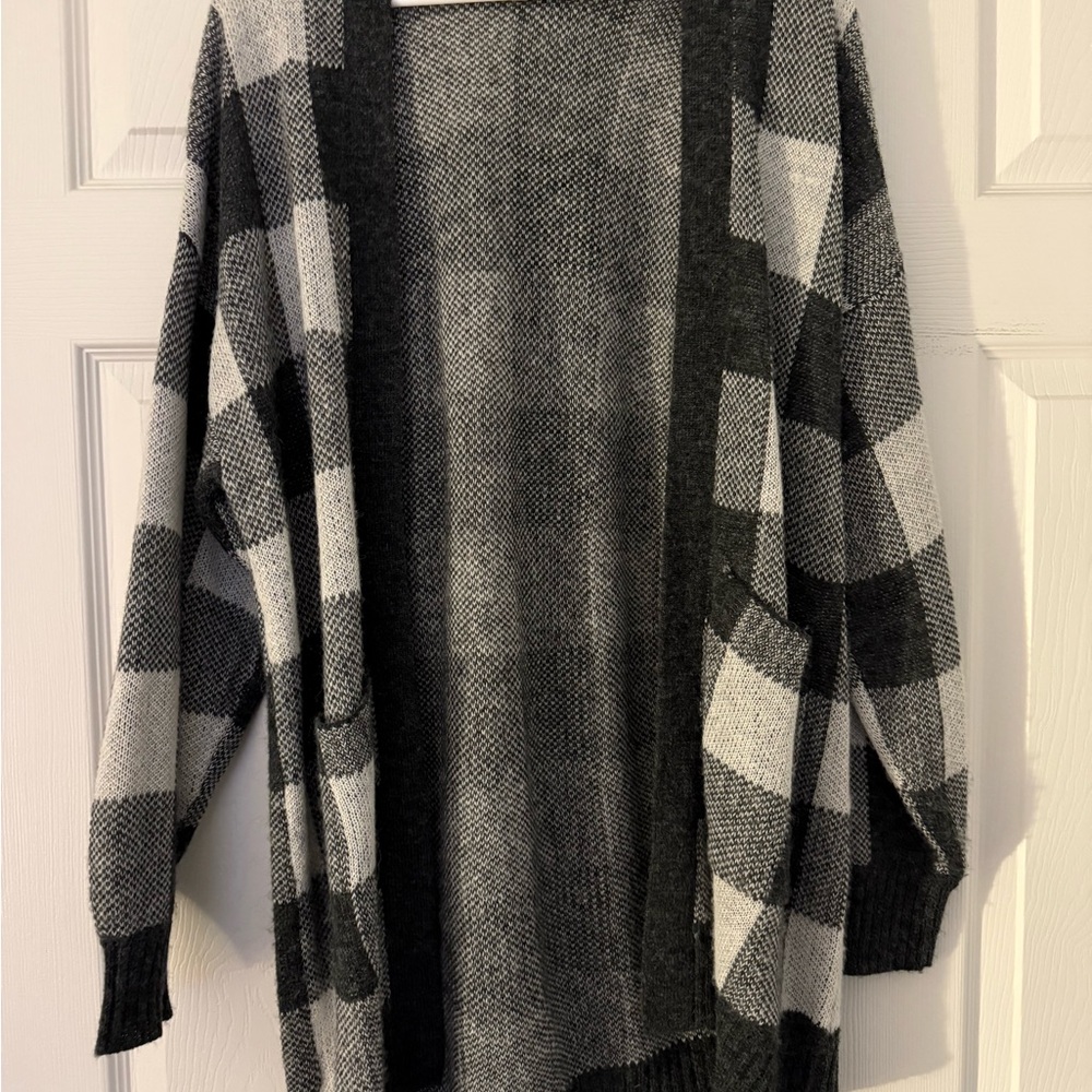 American Eagle Outfitters Black and Gray Cardigan Sweater with Plaid Sleeves